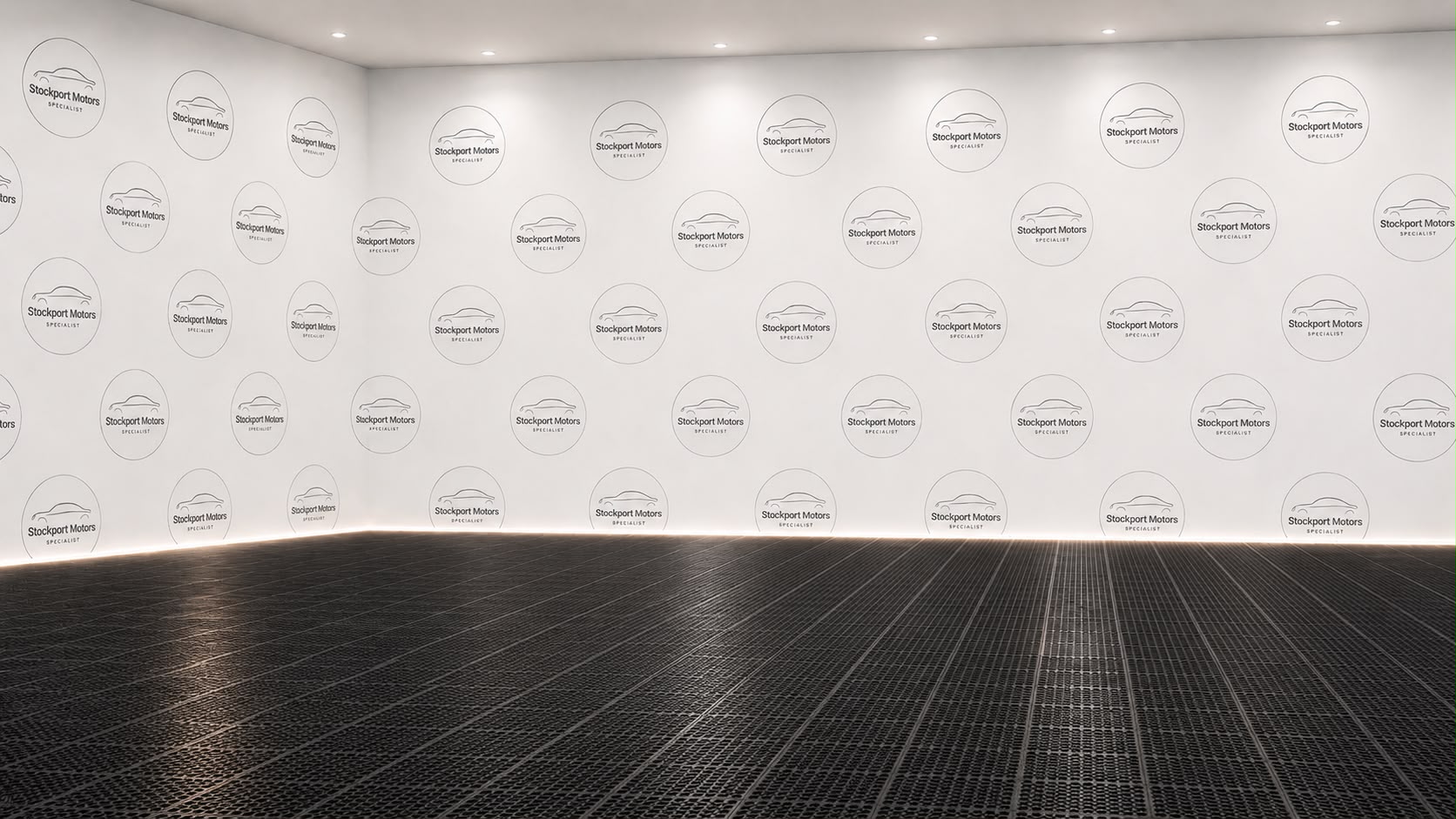 Stockport Motors showroom display wall